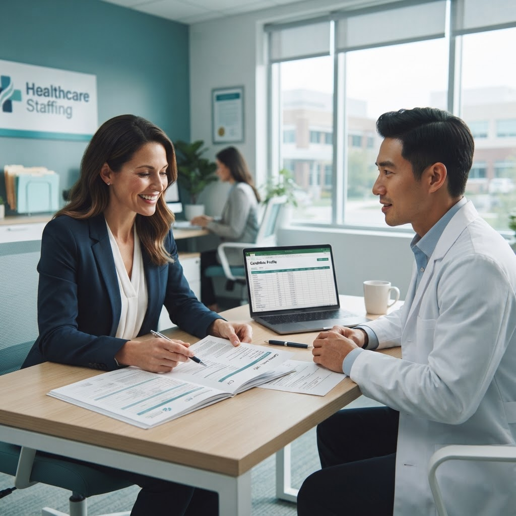Staffing consultant reviewing a physician's credentials with a doctor in a bright office