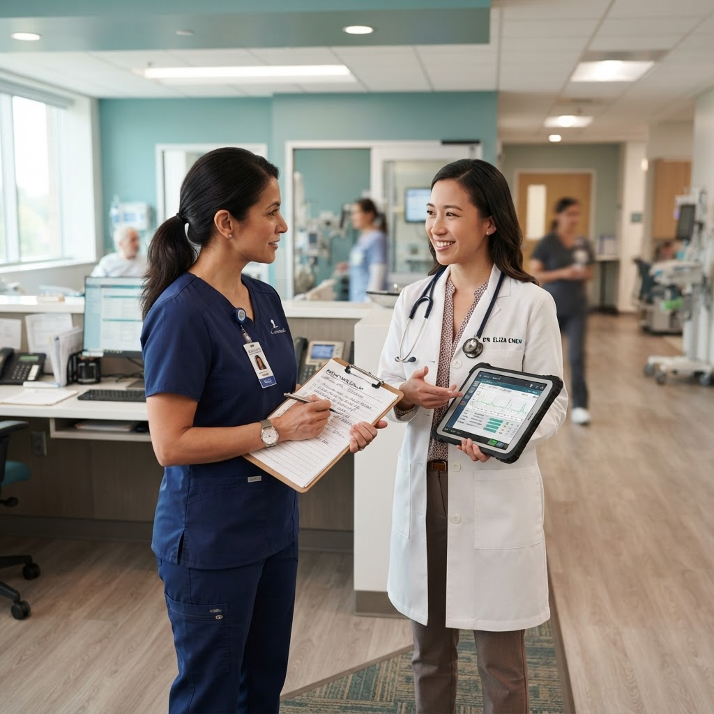 Clinical team reviewing quality and compliance metrics on a screen in a hospital corridor