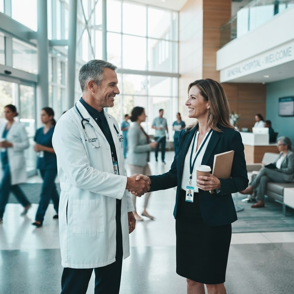 Specialist physician shaking hands with a hospital administrator in a modern medical center lobby